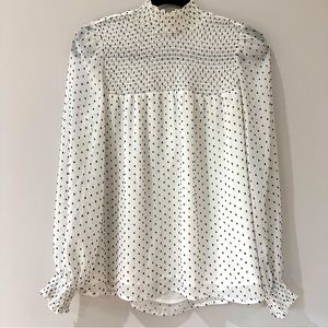 Maison D’amelie Smocked Swiss Dot High Neck Puff Sleeve Blouse White Size XS